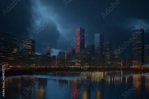 Three-dimensional representation of Montreal's cityscape during a rainy evening, emphasizing reflections on wet surfaces and the interplay of light and shadow