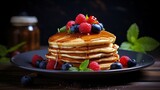 A close up image showing homemade pancakes that are delicious and filled with berries and honey on a dark wooden background with a coffee pot.