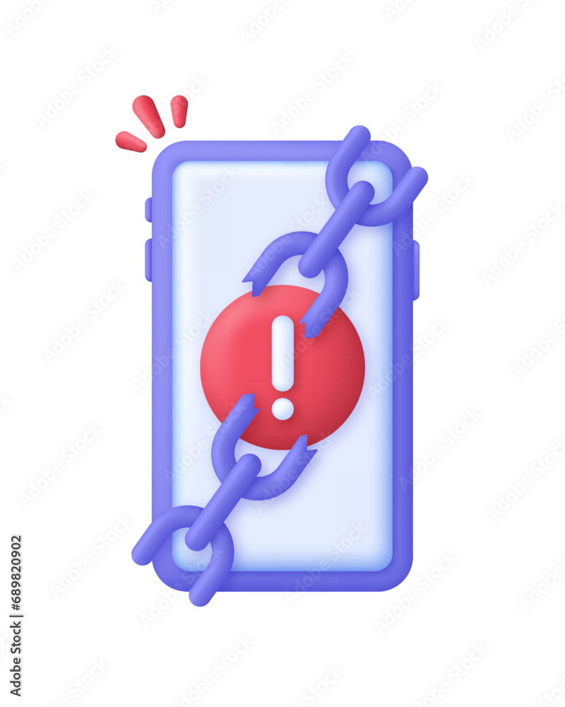 3D Phone and Error sign. System error, broken chain. Smartphone with exclamation sign. Emergency call 3D Phone and Error sign. System error, broken chain. Smartphone with exclamation sign. Emergency call