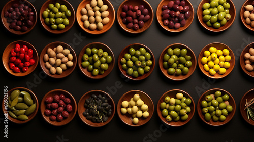 various colorful beans in wooden bowls.