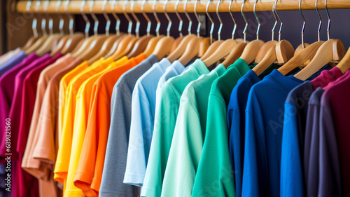 colorful clothing on hangers in store.