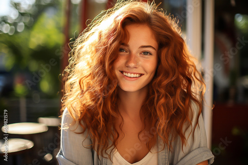 Beautiful woman with red hair in a cafe