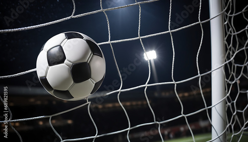 a soccer ball suspended in front of a goal net in a dark, starry environment, creating a dramatic and intense atmosphere