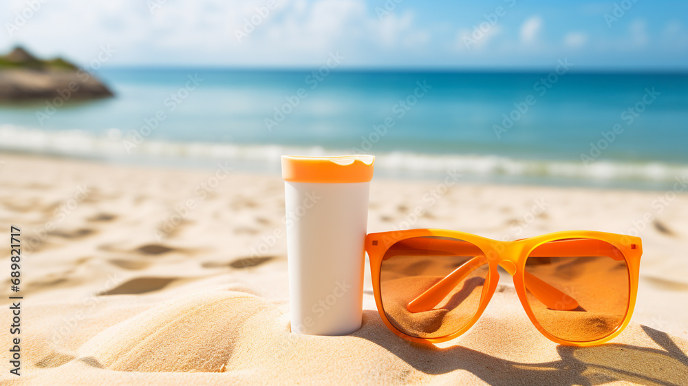 sunscreen and sunglasses on the seashore on a summer day