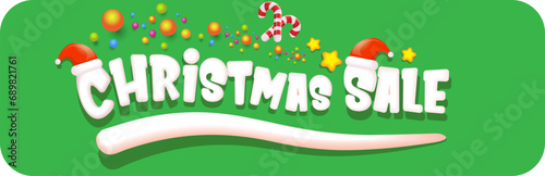 cartoon christmas sale horizontal banner with lighting stars, candies, lollipops, snow, santa red hat and christmas lights isolated on green background. Cartoon kids style sale label sticker button