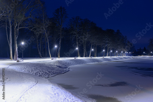 Staw nocą, w zimowej scenerii. Powierzchnnia stawu skuta lodem, brzeg pokryty warstwą białego śniegu. Wokół stawu znajduje się ścieżka przy której stoją ławki i latarnie. 