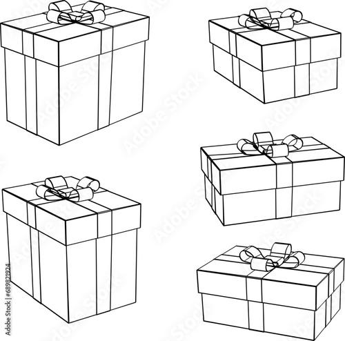 Giftbox. Set. Vector line art. Realistic gift box, with a bow, isolated on a transparent background. Cube-shaped box, tied with wrapping ribbon, standing on a surface.