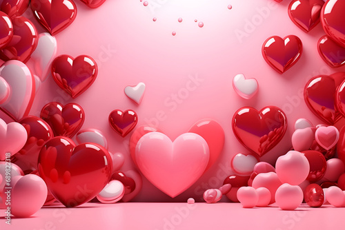 Pink podium background for product, Symbols of love for women's holiday, Valentine's Day, 3D rendering.