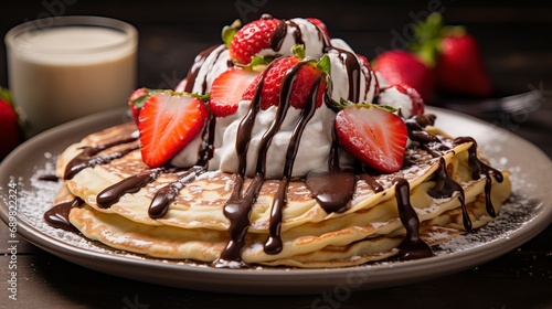 A picture of a crepe that is delicious and has chocolate banana strawberries and whipped cream.