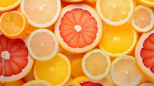 A plastic straw is present in a top view of tropical exotic citrus fruits that include half a grapefruit  tangerine  and orange slices.