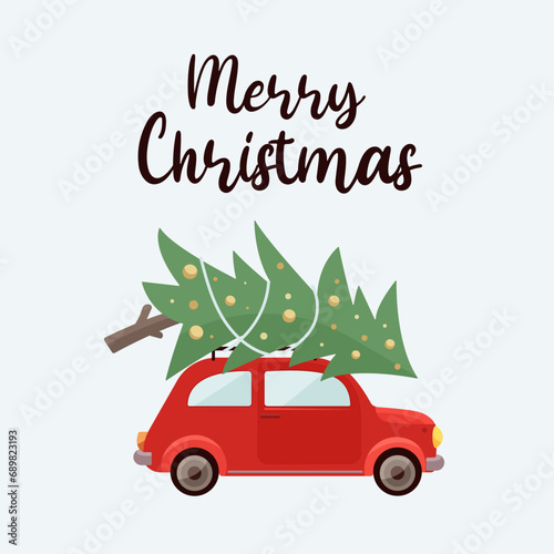 Vector Christmas and New Year card. Retro car with a Christmas tree on the roof. Template for greeting card, poster, banner, invitation design. Vector illustration.