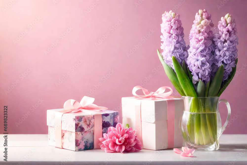 Mother's Day or Women's Day greeting card with bouquet of Hyacinths and gifts box on wooden table. Mother's Day or Women's Day greeting card with bouquet of Hyacinths and gifts box on wooden table.
