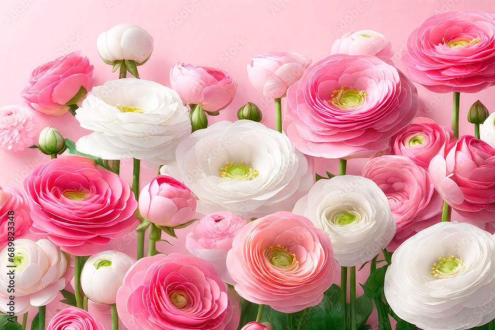 Fototapeta premium Beautiful flowers composition in pastel colors: pink and white ranunculus. Perfectly for Birthday, Women's Day, anniversary and Valentine's Day.