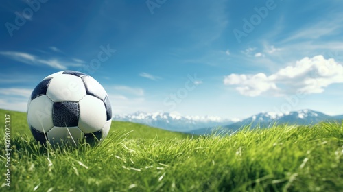 exhilarating image showcasing a soccer ball against a vivid blue sky and lush green grass backdrop. © pvl0707