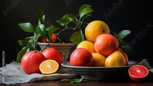 Quinces and oranges are placed on a board on top of the marble table