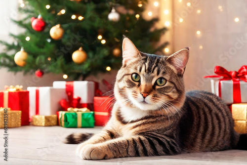 Domestic cute cat on a New Year's backgrounds with gifts. Winter holidays celebration.