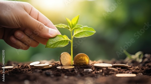 A seedling growing on a pile of coins and a hand that is giving coins to the tree, ideas for saving money and growing economically. photo