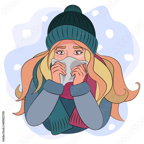 Colds, seasonal flu. A girl with a runny nose in warm clothes, a hat and a scarf. Girl sneezes, illness, respiratory disease. Feeling unwell in cold weather. Winter