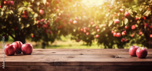 Empty rustic old wooden boards table copy space with apple trees orchard in background. Some ripe red fruits on desk. Product display template. Generative AI © Lubo Ivanko