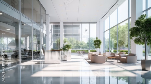 blurred background of a modern office lobby or building entrance, showcasing a white-themed interior, glass walls, and a reception area © pvl0707
