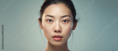 Asian woman have allergy reactions to shrimp or seafood have problems with rash itching and hives on the skin. Copyspace image. Square banner. Header for website template photo