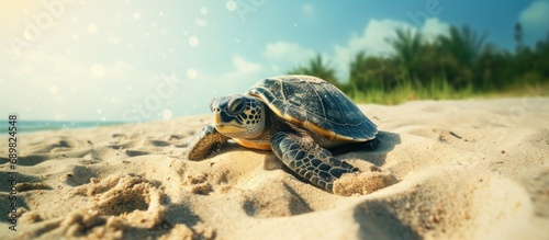 Detail of the exact moment in which a female of green turtle Chelonia mydas burying many freshly laid eggs on a beach of the Poilao island in the Atlantic ocean. Copyspace image. Square banner