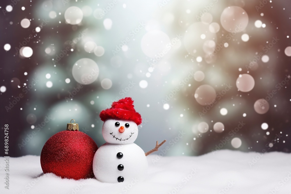 Christmas card design with snowman and fir tree with red Christmas balls, copy space with generative ai Christmas card design with snowman and fir tree with red Christmas balls, copy space with generative ai