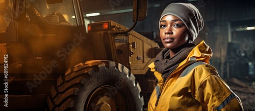 A young African woman mine worker is standing in front of a large haul dump truck wearing her personal protective wear. Copyspace image. Square banner. Header for website template photo