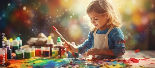 Child applying leaves using glue scissors and paint while doing arts and crafts at home or at school. Copyspace image. Square banner. Header for website template photo
