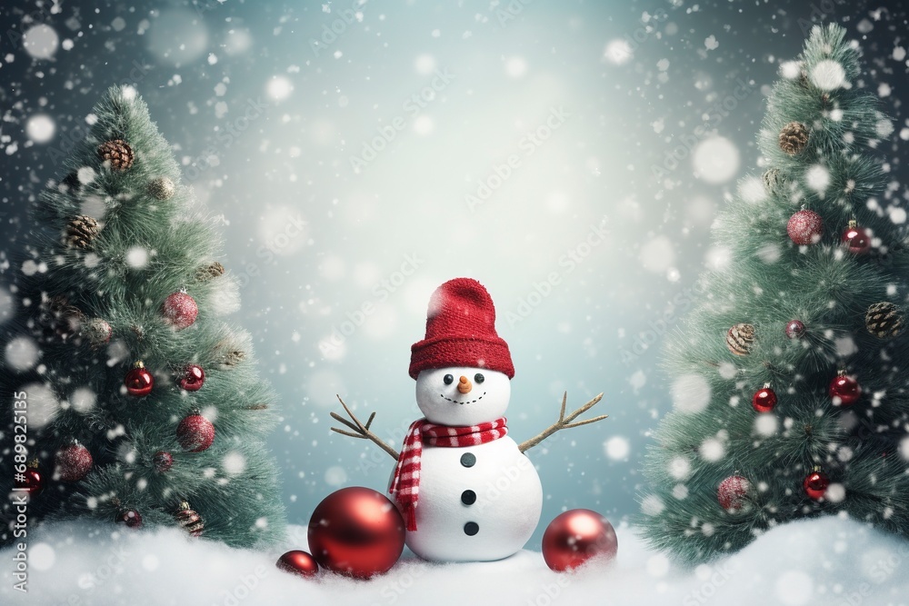 Christmas card design with snowman and fir tree with red Christmas balls, copy space with generative ai