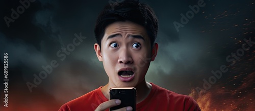amazed reaction of asian man while looking phone. Copyspace image. Square banner. Header for website template