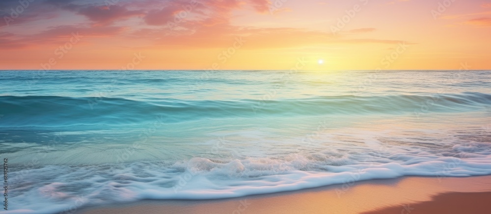 Closeup sea sand waves Panoramic beach landscape Inspire tropical beach seascape horizon Orange and golden sunset sky calmness tranquil relaxing sunlight summer peace Meditation inspire vacatio