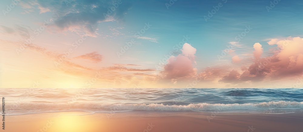 Closeup sea sand waves Panoramic beach landscape Inspire tropical beach seascape horizon Orange and golden sunset sky calmness tranquil relaxing sunlight summer peace Meditation inspire vacatio