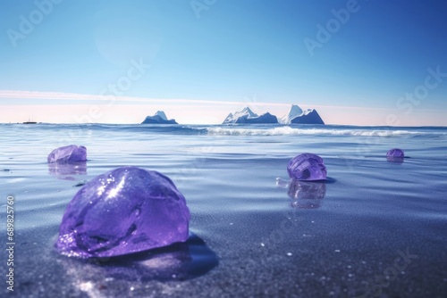 Floating glacial purple ice. Oceanic maritime buoyant glacial ice fragments. Generate ai photo