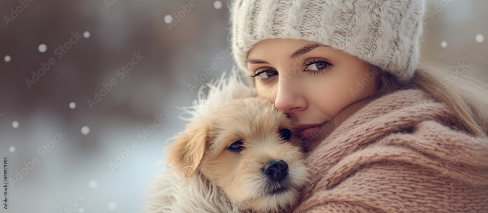 Beautiful Smiling Woman Hugging Her Cute Havanese Dog with Red Scarf Fashion for Owner and Dog. Copyspace image. Square banner. Header for website template Beautiful Smiling Woman Hugging Her Cute Havanese Dog with Red Scarf Fashion for Owner and Dog. Copyspace image. Square banner. Header for website template