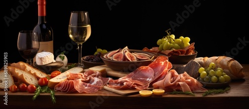 Charcuterie and cheese board panorama with Italian cold meats and various antipasti A gourmet buffet Tapas and wine with salmon sanwiches and olives. Copyspace image. Square banner