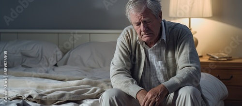 Depressed unhappy frustrated grey haired mature man wearing pajama barefoot sitting on bed in the morning leaning on his knee suffering from mental breakdown bedroom interior copy space photo