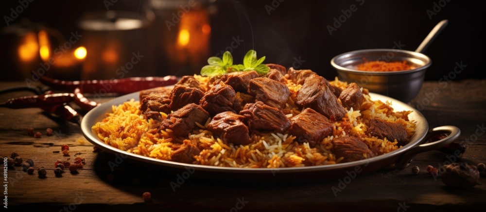 Delicious and Spicy Beef Biryani and Kabab. Copyspace image. Square banner. Header for website template Delicious and Spicy Beef Biryani and Kabab. Copyspace image. Square banner. Header for website template