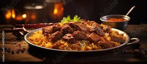 Delicious and Spicy Beef Biryani and Kabab. Copyspace image. Square banner. Header for website template