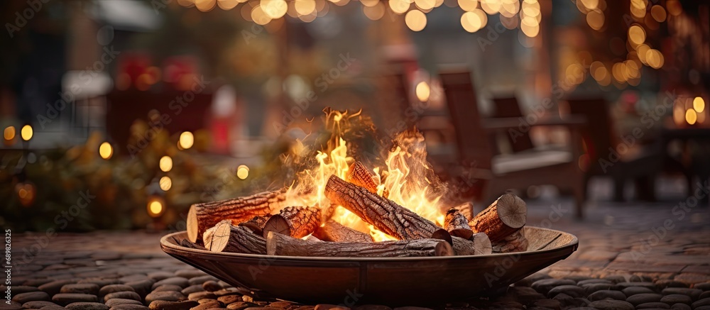 A portable fireplace with bright burning firewood making sparks and smoke at the backyard or garden near house A place for evening meeting and stories. Copyspace image. Square banner