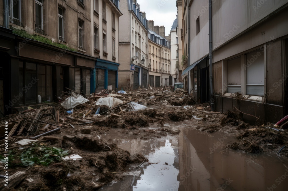 Flooding Parisian street ruins. Inundated architecture with building debris in water. Generate ai