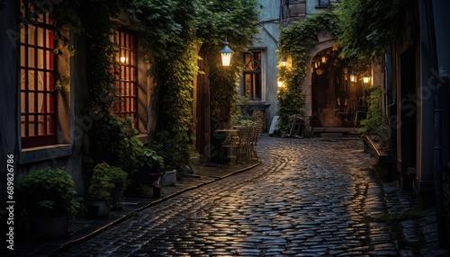 A Serene Cobblestone Street Illuminated by Night Lights