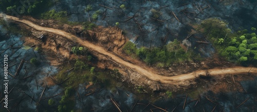 Aerial view of deforestation Rainforest being removed to make way for palm oil and rubber plantations. Copyspace image. Square banner. Header for website template