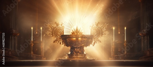 an image of a golden mostrance with sun light. Copyspace image. Square banner. Header for website template photo