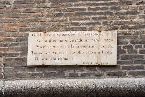 Plaque on the Garisenda Tower. Bologna, Italy photo
