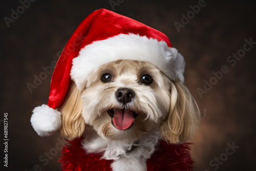 Dog with winter clothes like Santa Claus. Christmas style hat and sweater