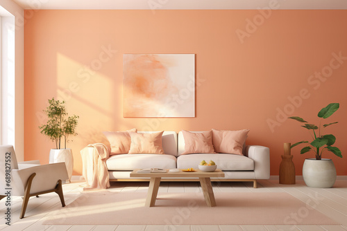 modern living room with color of the year 2024 peach fuzz as wall paint photo