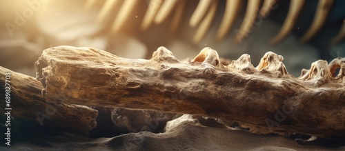 Closeup of fossil bones of Ursus Spelaeus cave bear from the last glacial period. Copyspace image. Square banner. Header for website template photo