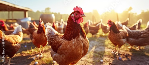 chicken eats feed and grain at eco chicken farm free range chicken farm. Copyspace image. Square banner. Header for website template © vxnaghiyev
