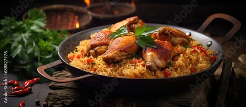 Chicken Biryani spicy delicious and mouth watering rice meal with juicy and tender chicken. Copyspace image. Square banner. Header for website template photo